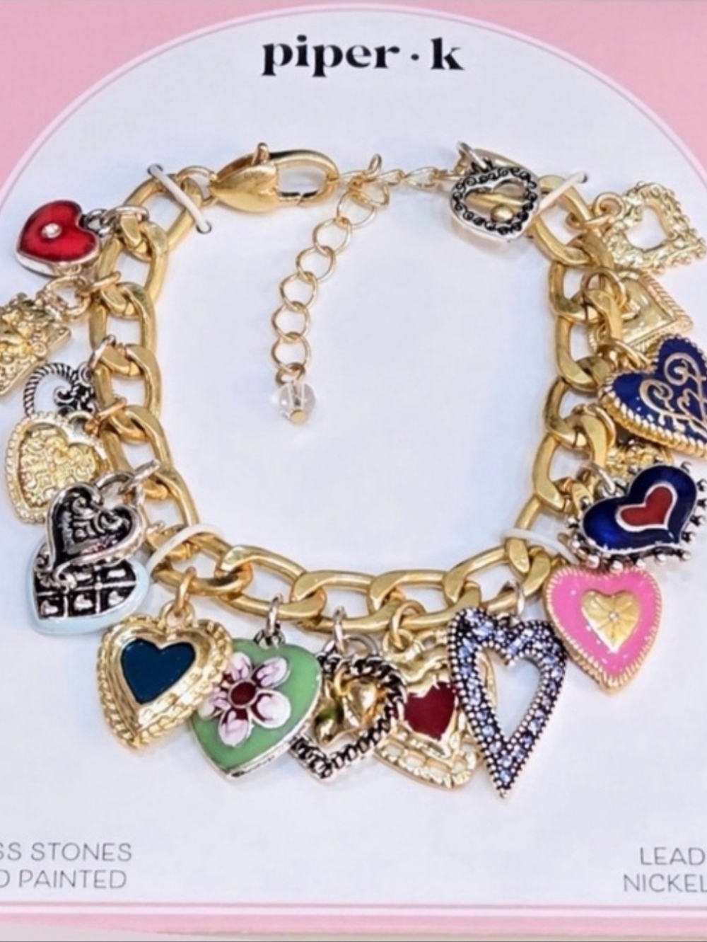 Piper K Gold Heart Charm Bracelet with Multicolor Enamel Hearts